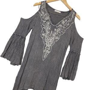 Exist Women's Acid Distressed Floral Embroidered Long Sleeve Shirt Sz L Black